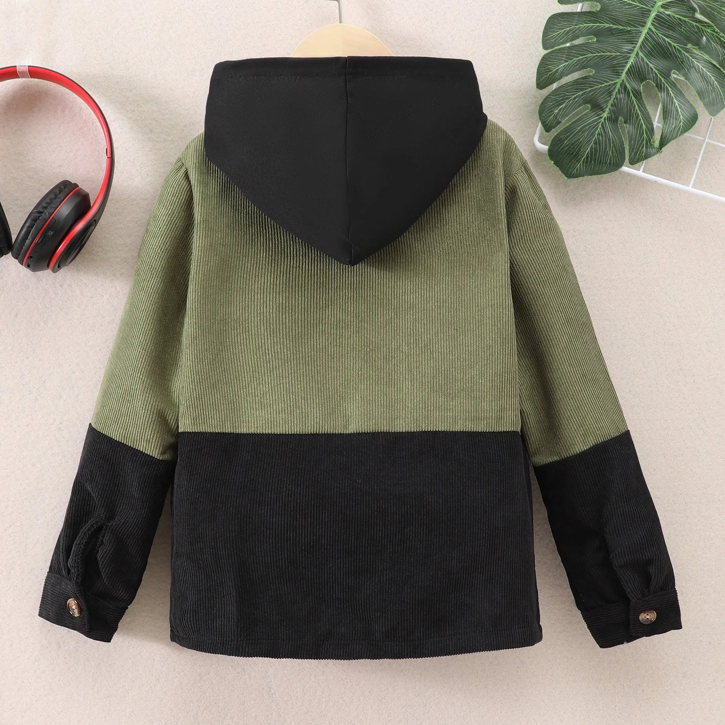 Veste Garçon à Capuche – Velours Côtelé Épais | Style Contrasté | 8-14 ans