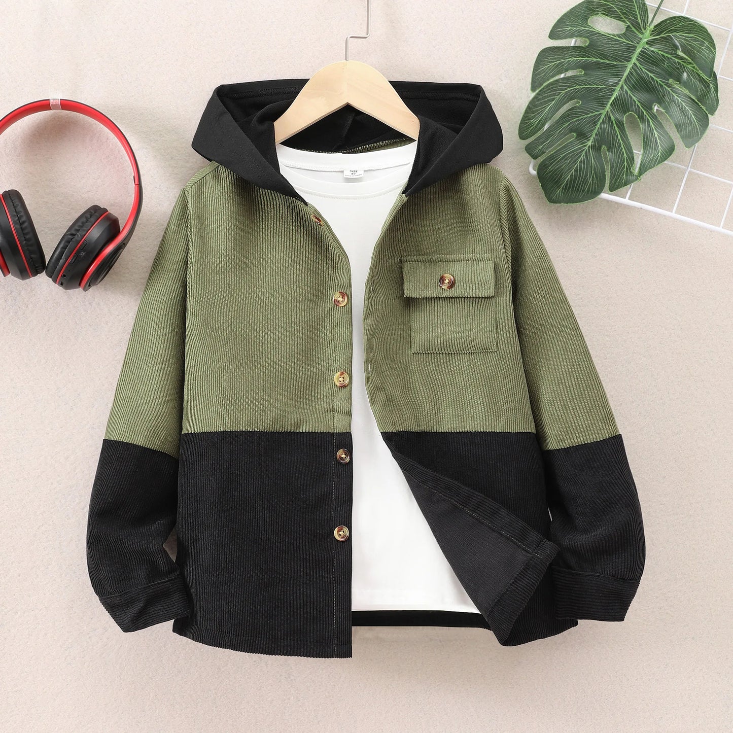 Veste Garçon à Capuche – Velours Côtelé Épais | Style Contrasté | 8-14 ans