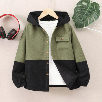Veste Garçon à Capuche – Velours Côtelé Épais | Style Contrasté | 8-14 ans