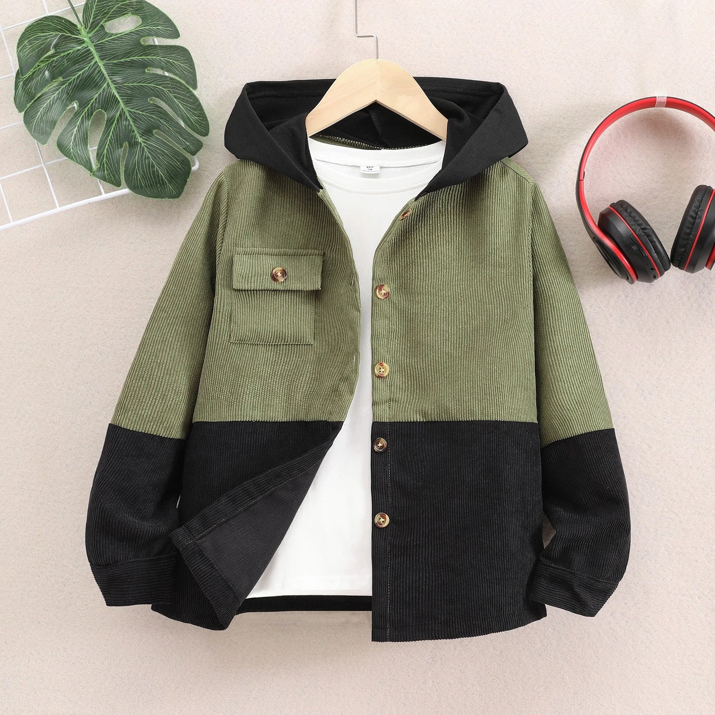 Veste Garçon à Capuche – Velours Côtelé Épais | Style Contrasté | 8-14 ans