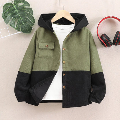 Veste Garçon à Capuche – Velours Côtelé Épais | Style Contrasté | 8-14 ans