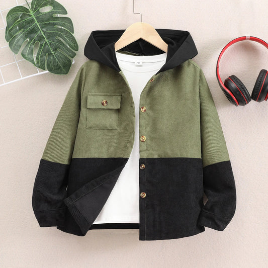 Veste Garçon à Capuche – Velours Côtelé Épais | Style Contrasté | 8-14 ans